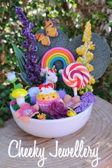 Unicorn candyland inspired themescapes.
Mini flower garden centrepieces.
Pretend play, decor, collectables