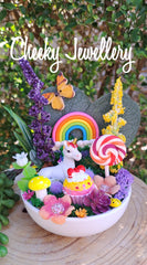 Unicorn candyland inspired themescapes.
Mini flower garden centrepieces.
Pretend play, decor, collectables