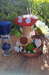 Handcraft Mushroom toadstool gnome home using recycled items and airdry clay.